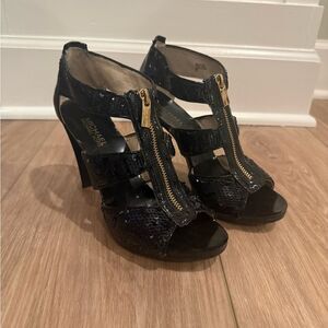 Michael Kors Black Sequence Heels with gold zipper
